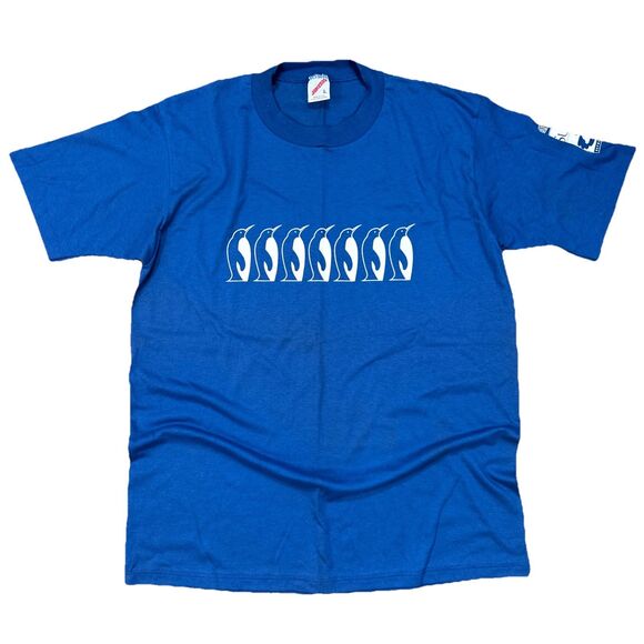 Vintage 80s Single Stitch Penguins Marching Tee T Shirt Size Large - Picture 1 of 7